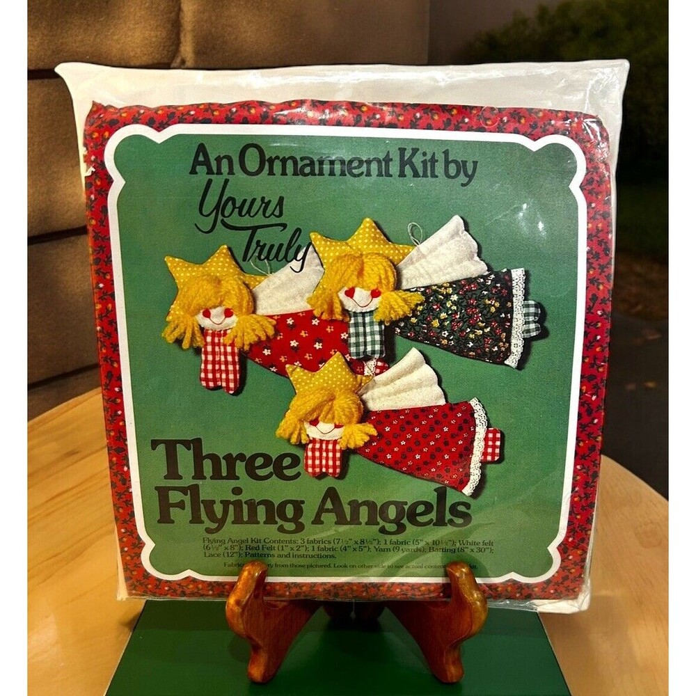 Vtg 70s Christmas Fabric Ornament Kit Three Flying Angels by Yours Truly
